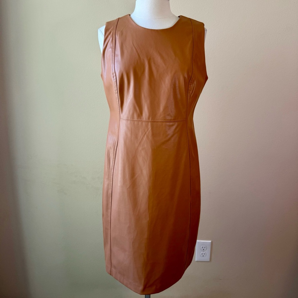 CALVIN KLEIN Sleeveless Faux Leather Dress Size 14 Camel Tan - Picture 15 of 15